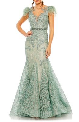 Mac Duggal Illusion Sequin Lace Feather Sleeve Mermaid Gown in Sage