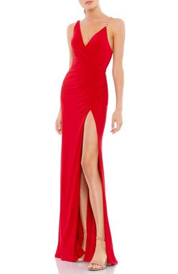 Mac Duggal Imitation Pearl Strap Column Gown in Red