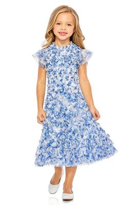 Mac Duggal Kids' Floral Print Ruffle Tulle Dress in Blue Multi