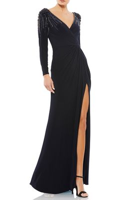 Mac Duggal Long Sleeve Faux Wrap Jersey Gown in Midnight