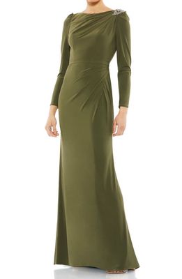 Mac Duggal Long Sleeve Jersey Trumpet Gown in Olive