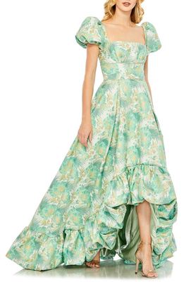 Mac Duggal Metallic Floral Puff Sleeve High-Low Gown in Spring Green