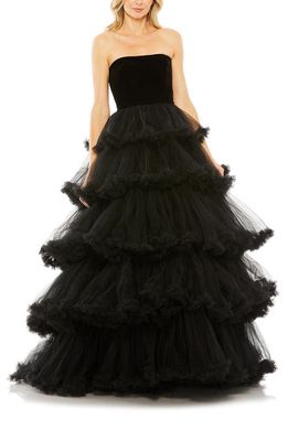Mac Duggal Mixed Media Strapless Tiered Ballgown in Black