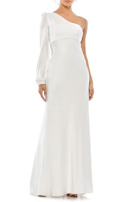 Mac Duggal One-Shoulder Long Sleeve Chiffon Column Gown in White