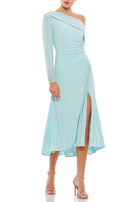 Mac Duggal One-Shoulder Long Sleeve Chiffon Midi Dress in Powder Blue