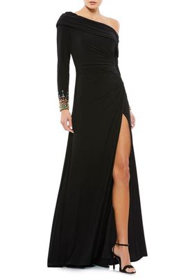 Mac Duggal One-Shoulder Long Sleeve Jersey Gown in Black Multi