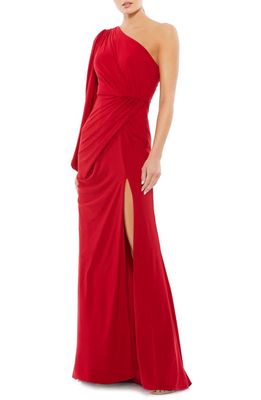 Mac Duggal One-Shoulder Long Sleeve Ruched Jersey Gown in Red