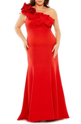 Mac Duggal One-Shoulder Ruffle Trumpet Gown in Red