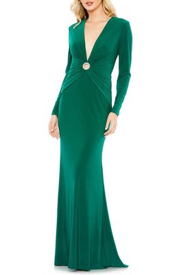 Mac Duggal Plunge Neck Keyhole Long Sleeve Jersey Gown in Emerald