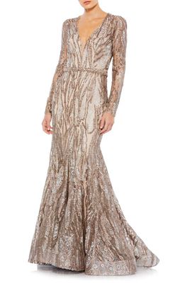 Mac Duggal Plunge Neck Sequin Long Sleeve Mermaid Gown in Taupe