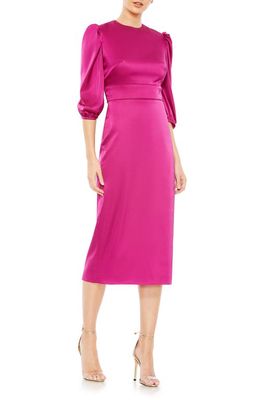 Mac Duggal Puff Sleeve Satin Midi Cocktail Dress in Fuchsia