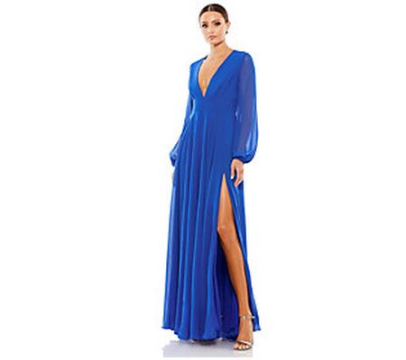 Mac Duggal Royal Blue V-Neck Illusion Long-Slee ve Chiffon Gown
