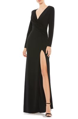 Mac Duggal Ruched Jersey Long Sleeve Column Gown in Black