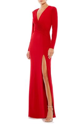 Mac Duggal Ruched Jersey Long Sleeve Column Gown in Red