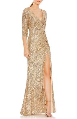Mac Duggal Ruched Sequin Trumpet Gown in Light Gold