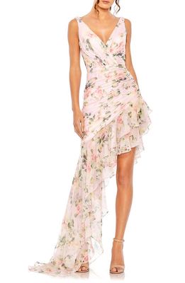 Mac Duggal Ruched Trailing Hem Dress in Pink Multi