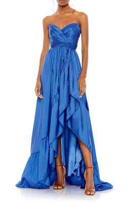 Mac Duggal Ruffle Asymmetric High-Low Strapless Gown in Sapphire