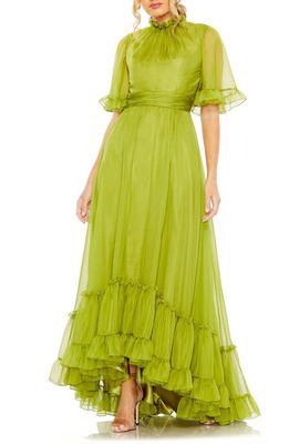 Mac Duggal Ruffle High Neck Flutter Sleeve A-Line Gown in Apple Green