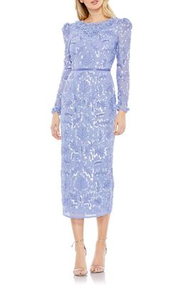 Mac Duggal Ruffle Neck Long Sleeve Sequin Midi Dress in Periwinkle