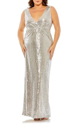 Mac Duggal Sequin Back Cutout Gown in Nude Silver