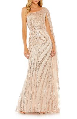 Mac Duggal Sequin Cape Sleeve One-Shoulder Gown in Rose Gold