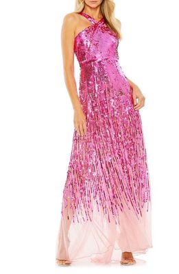Mac Duggal Sequin Cross Front Mesh Hem Gown in Hot Pink
