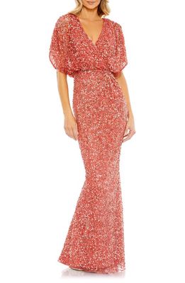 Mac Duggal Sequin Draped Sleeve V-Neck Gown in Paprika