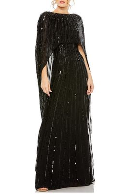 Mac Duggal Sequin Embellished Long Sleeve Capelet Column Gown in Black