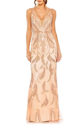 Mac Duggal Sequin Embellished Sheath Gown in Apricot