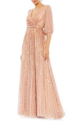 Mac Duggal Sequin Faux Wrap Gown in Apricot