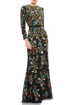 Mac Duggal Sequin Floral Bracelet Sleeve A-Line Gown in Black Multi