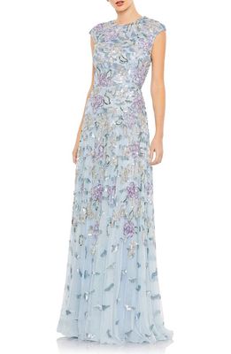 Mac Duggal Sequin Floral Cap Sleeve A-Line Gown in Ice Blue Multi