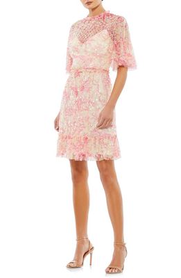 Mac Duggal Sequin Floral Flounce Sleeve Cocktail Dress in Blush Multi