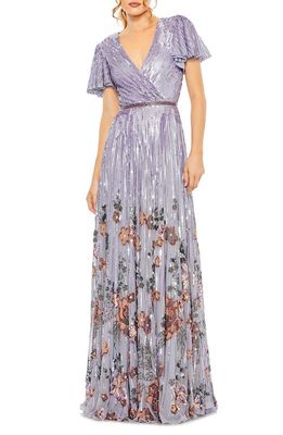 Mac Duggal Sequin Floral Flutter Sleeve Gown in Lilac