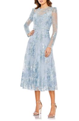 Mac Duggal Sequin Floral Lace Long Sleeve A-Line Dress in Powder Blue