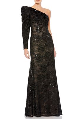 Mac Duggal Sequin Floral Lace One-Shoulder Trumpet Gown in Black