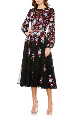 Mac Duggal Sequin Floral Long Sleeve A-Line Dress in Black Multi