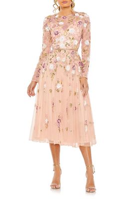 Mac Duggal Sequin Floral Long Sleeve Mesh Dress in Blush