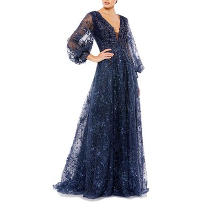 Mac Duggal Sequin Lace & Embroidery A-Line Gown in Midnight at Nordstrom, Size 24