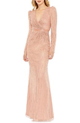 Mac Duggal Sequin Long Sleeve Faux Wrap Gown in Rose