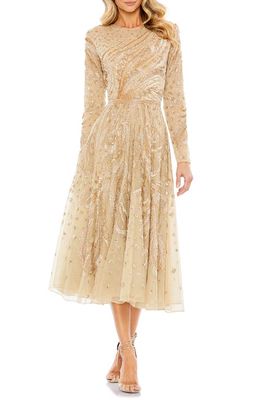 Mac Duggal Sequin Long Sleeve Illusion Lace A-Line Dress in Latte