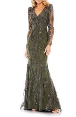 Mac Duggal Sequin Long Sleeve Mermaid Gown in Olive