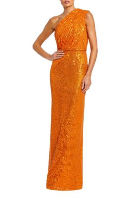 Mac Duggal Sequin One-Shoulder Column Gown in Orange