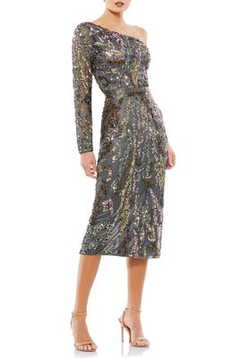 Mac Duggal Sequin One-Shoulder Long Sleeve Sheath Dress in Charcoal