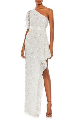 Mac Duggal Sequin One-Shoulder Slit Gown in White