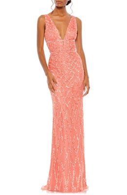 Mac Duggal Sequin Plunge Neck Gown in Coral