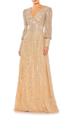 Mac Duggal Sequin Stripe Long Sleeve Mesh Gown in Vanilla Silver