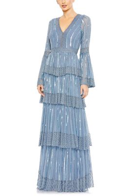 Mac Duggal Sequin Stripe Long Sleeve Tiered Ruffle Gown in Blue