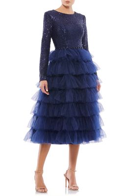 Mac Duggal Sequin Tiered Long Sleeve Tulle Cocktail Dress in Midnight