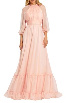 Mac Duggal Sheer Sleeve Gathered Chiffon A-Line Gown in Blush